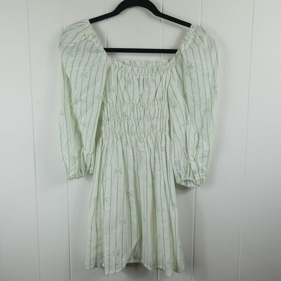 Charlie Holiday Linen Cotton Smocked Mini Dress Stripes Palm Trees Size 2 - Picture 7 of 11